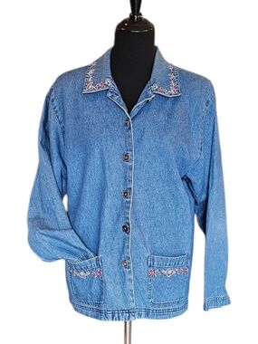 Vintage Teddi Denim Chore Jacket Embroidered Floral Heart Buttons Cottagecore Gr